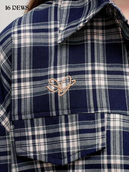 16DEWS 16D25334 Navy blue commuting plaid long sleeved shirt