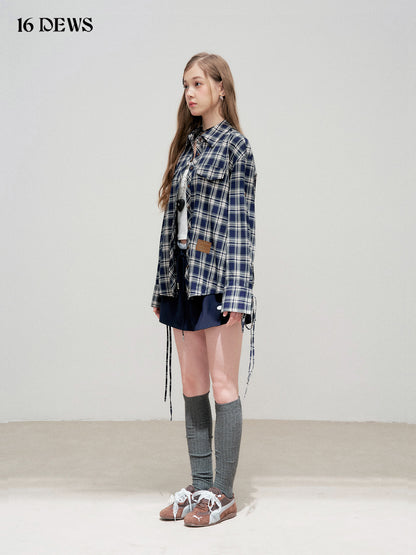 16DEWS 16D25334 Navy blue commuting plaid long sleeved shirt