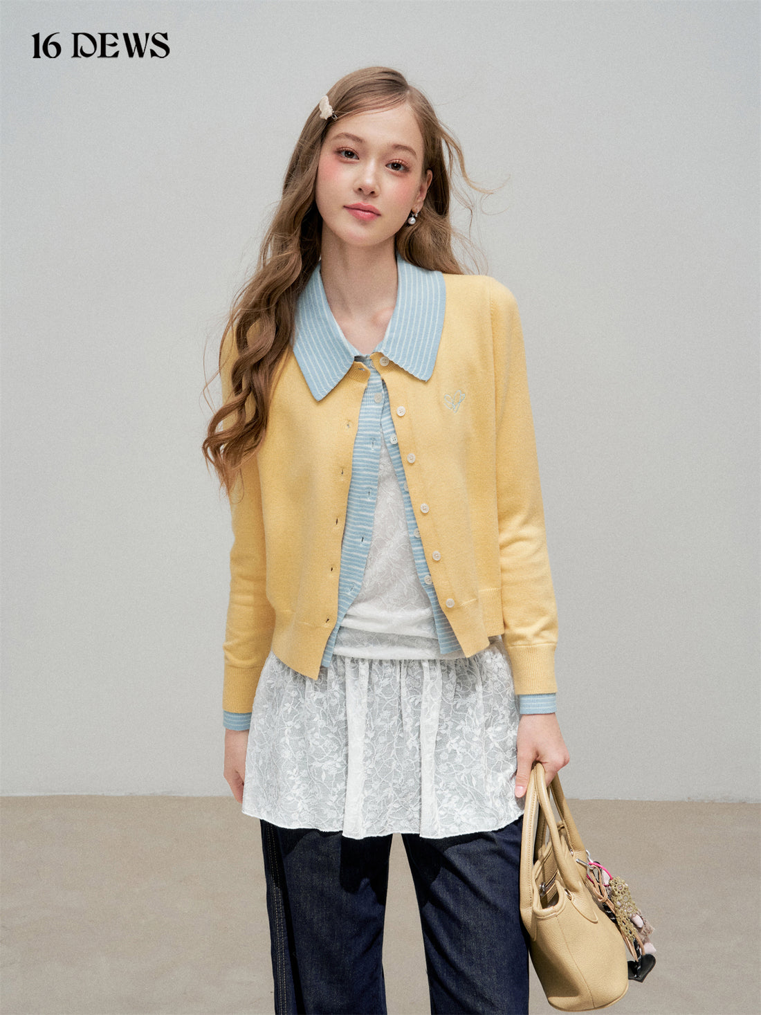 16DEWS 16D25335 Color blocking patchwork lapel fake two-piece knitted top