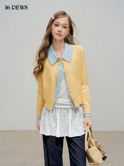 16DEWS 16D25335 Color blocking patchwork lapel fake two-piece knitted top