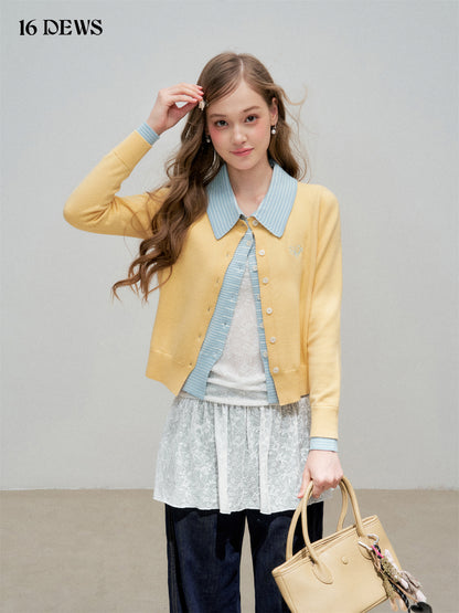 16DEWS 16D25335 Color blocking patchwork lapel fake two-piece knitted top