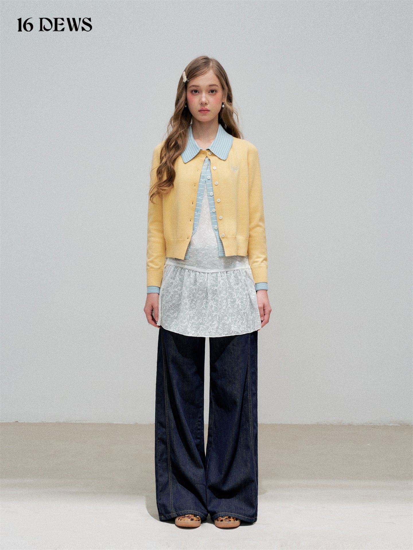 16DEWS 16D25335 Color blocking patchwork lapel fake two-piece knitted top
