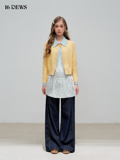 16DEWS 16D25335 Color blocking patchwork lapel fake two-piece knitted top