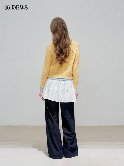 16DEWS 16D25335 Color blocking patchwork lapel fake two-piece knitted top