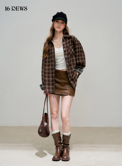 16DEWS 16D25336&amp;16D25337 Plaid fake two-piece contrasting color spliced shirt + skirt set