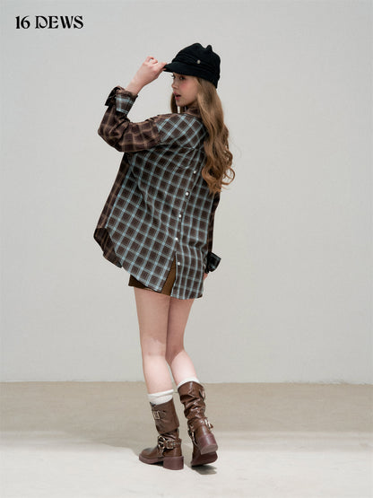 16DEWS 16D25336&amp;16D25337 Plaid fake two-piece contrasting color spliced shirt + skirt set