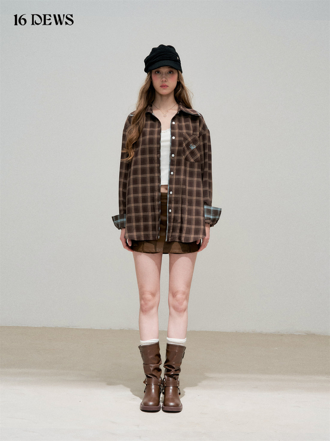 16DEWS 16D25336&amp;16D25337 Plaid fake two-piece contrasting color spliced shirt + skirt set