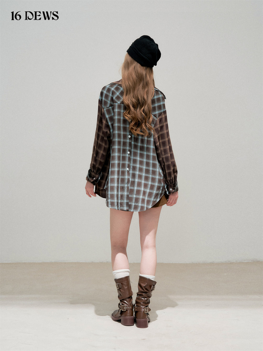 16DEWS 16D25336&amp;16D25337 Plaid fake two-piece contrasting color spliced shirt + skirt set