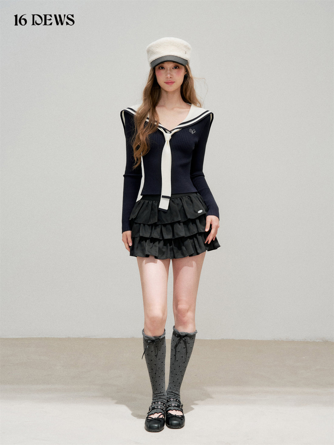 16DEWS 16D25339 Navy collar slim fit long sleeved knitted top (with ribbon)