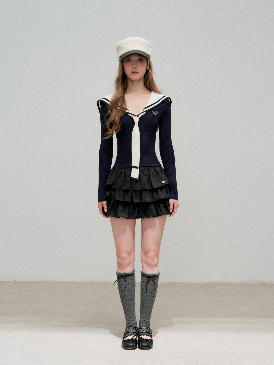 16DEWS 16D25339 Navy collar slim fit long sleeved knitted top (with ribbon)