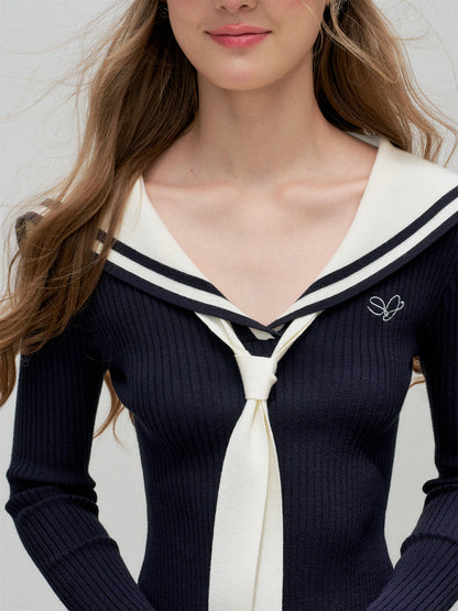 16DEWS 16D25339 Navy collar slim fit long sleeved knitted top (with ribbon)