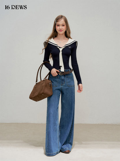 16DEWS 16D25339 Navy collar slim fit long sleeved knitted top (with ribbon)