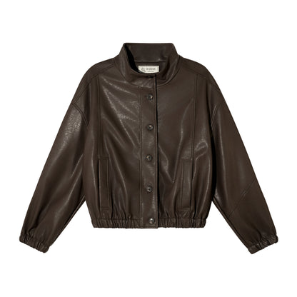 16DEWS 16D25343 Stand up collar short leather jacket