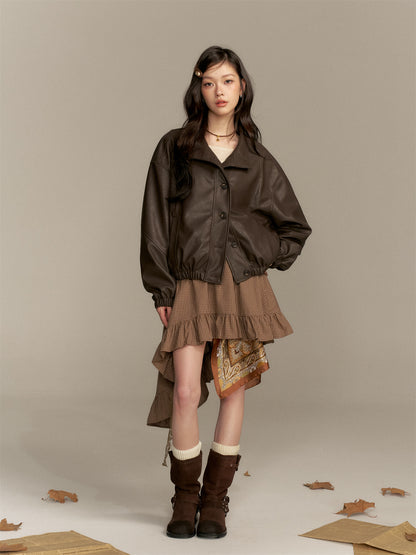 16DEWS 16D25343 Stand up collar short leather jacket