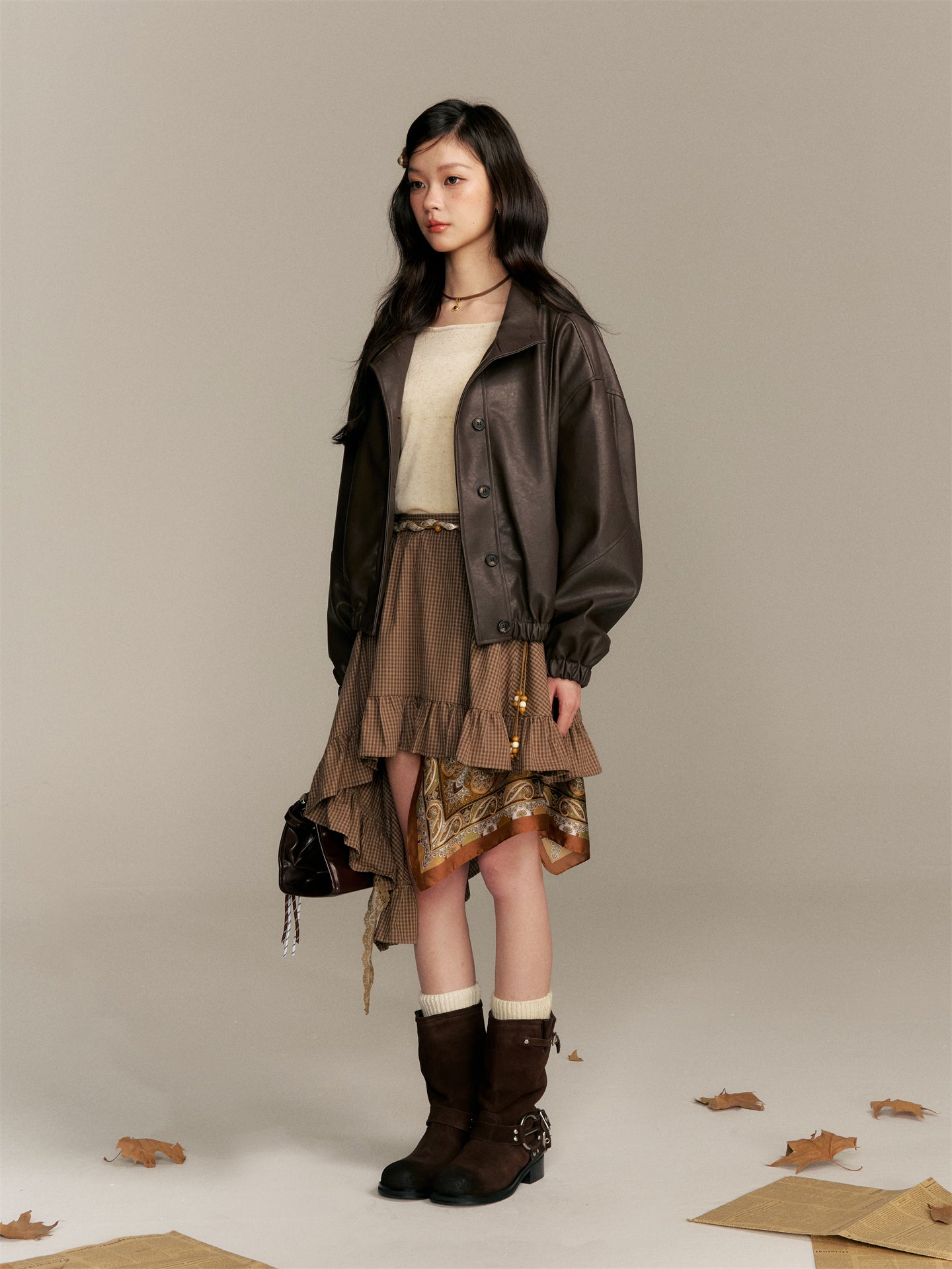 16DEWS 16D25343 Stand up collar short leather jacket