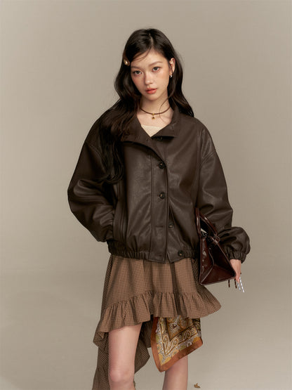 16DEWS 16D25343 Stand up collar short leather jacket