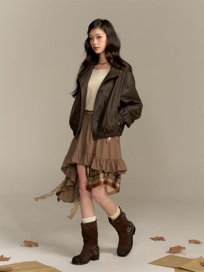 16DEWS 16D25343 Stand up collar short leather jacket