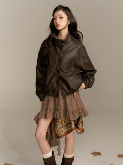16DEWS 16D25343 Stand up collar short leather jacket