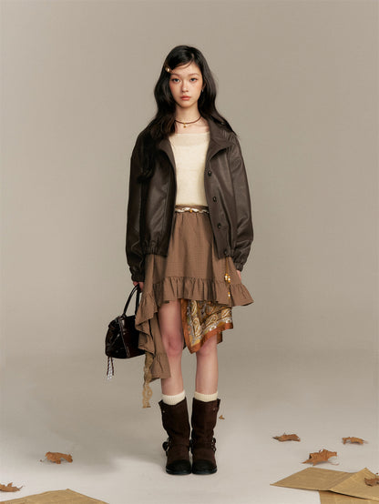 16DEWS 16D25343 Stand up collar short leather jacket