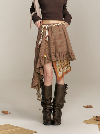 16DEWS 16D25344 Irregular hem plaid skirt (with belt)