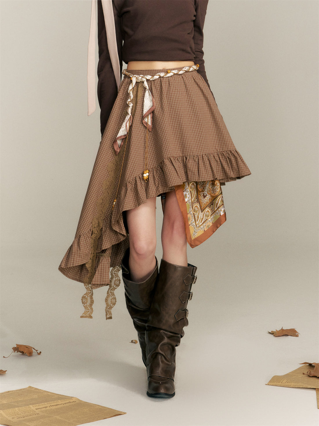 16DEWS 16D25344 Irregular hem plaid skirt (with belt)