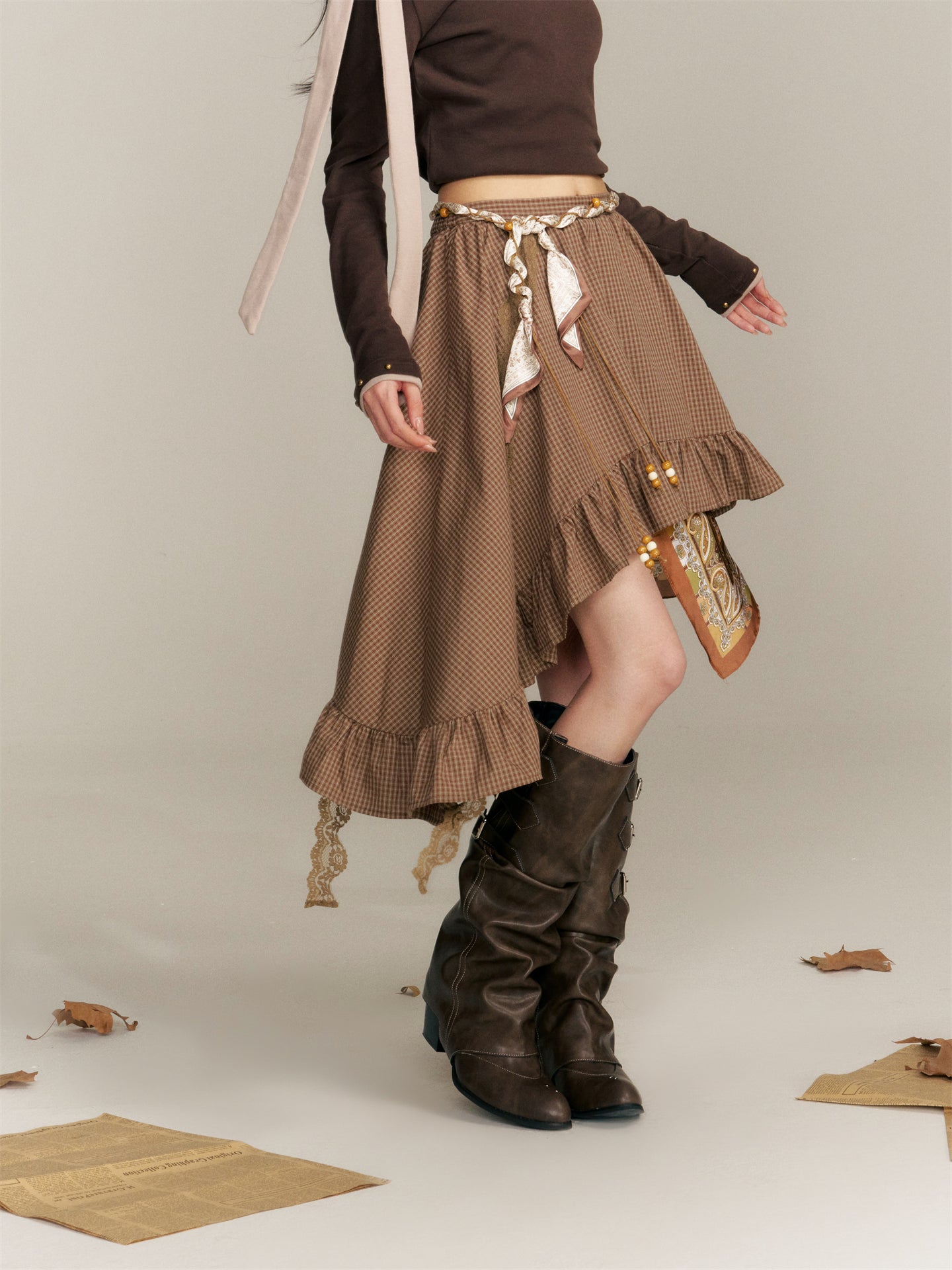 16DEWS 16D25344 Irregular hem plaid skirt (with belt)