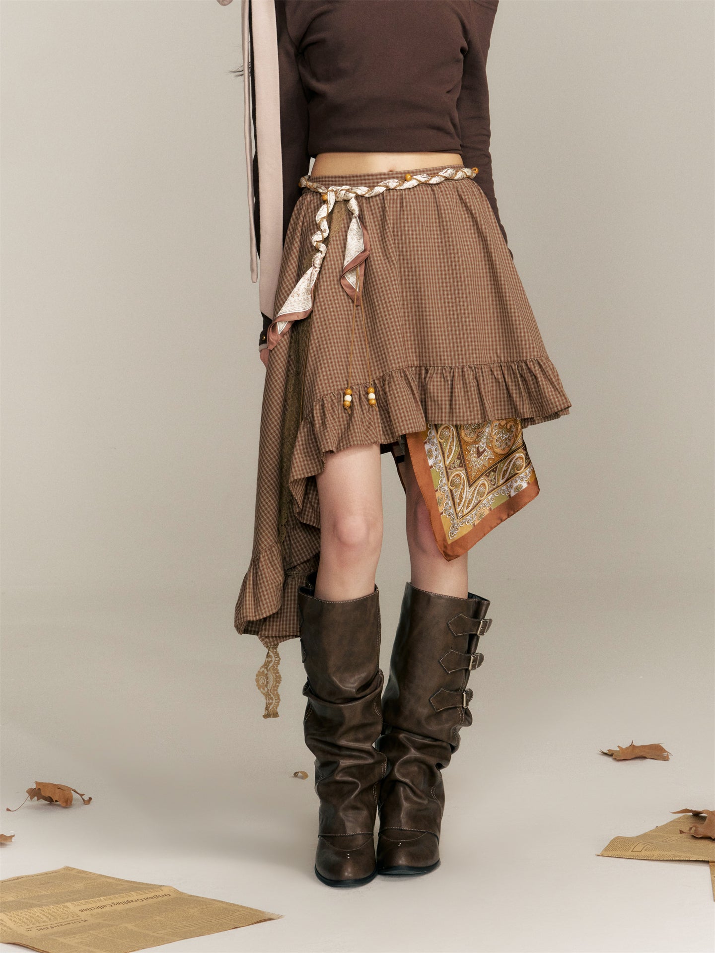 16DEWS 16D25344 Irregular hem plaid skirt (with belt)