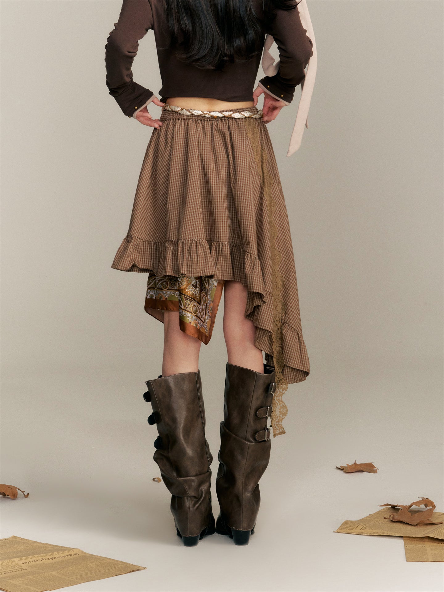 16DEWS 16D25344 Irregular hem plaid skirt (with belt)