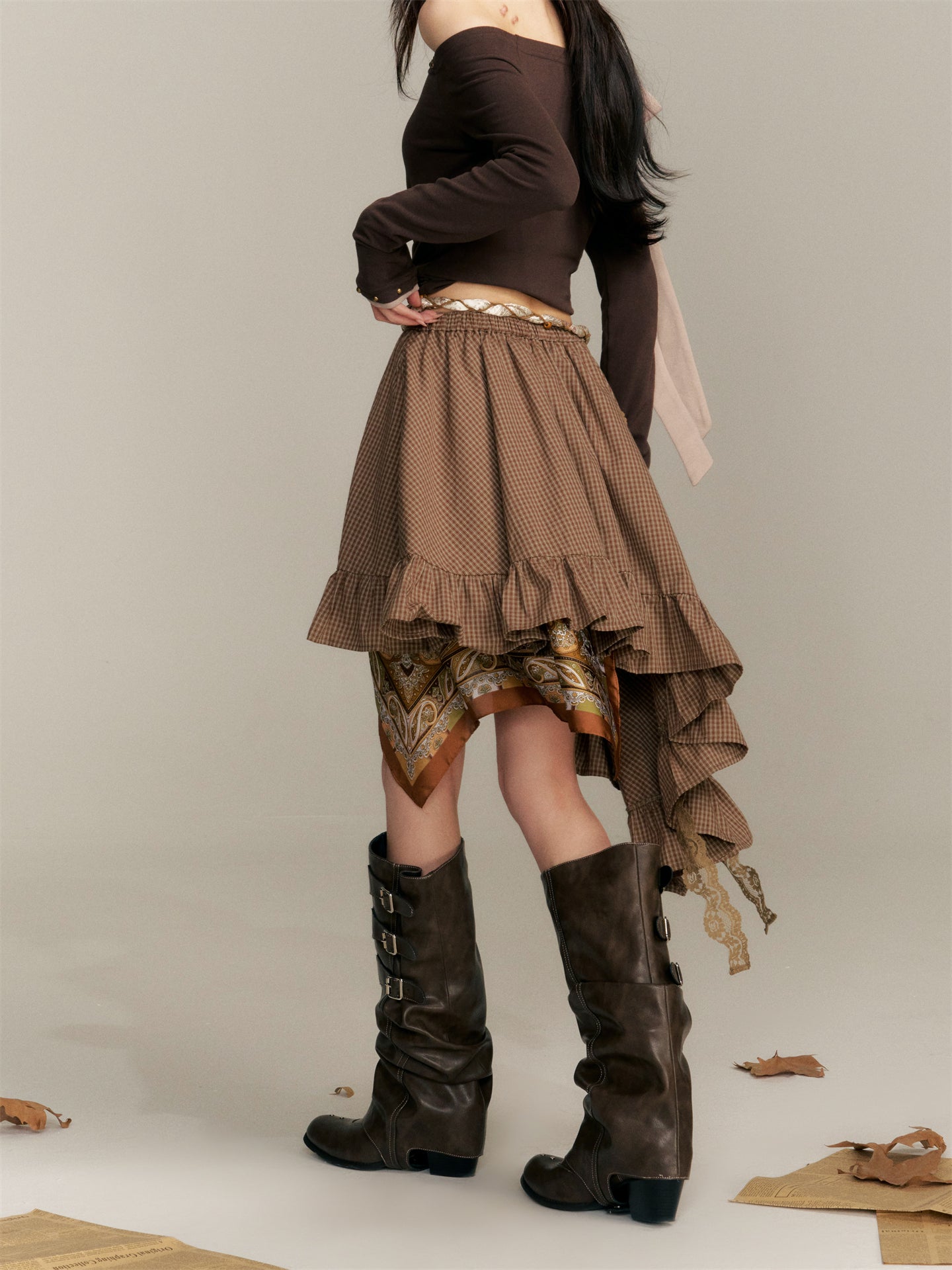 16DEWS 16D25344 Irregular hem plaid skirt (with belt)