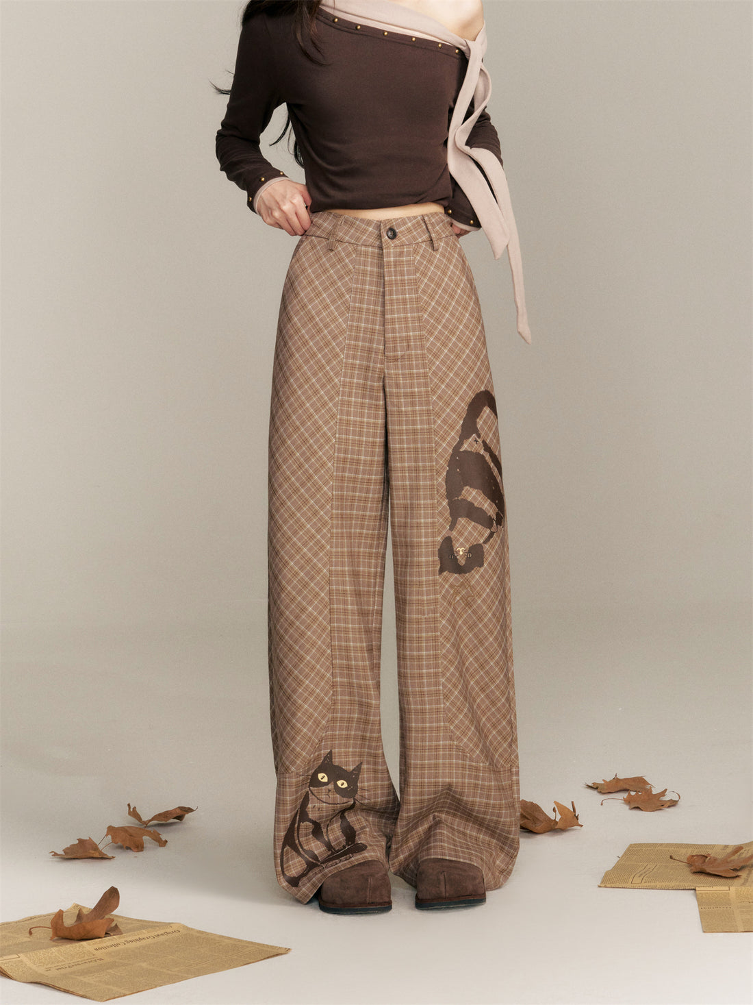 16DEWS 16D25345 Plaid printed high waisted casual pants