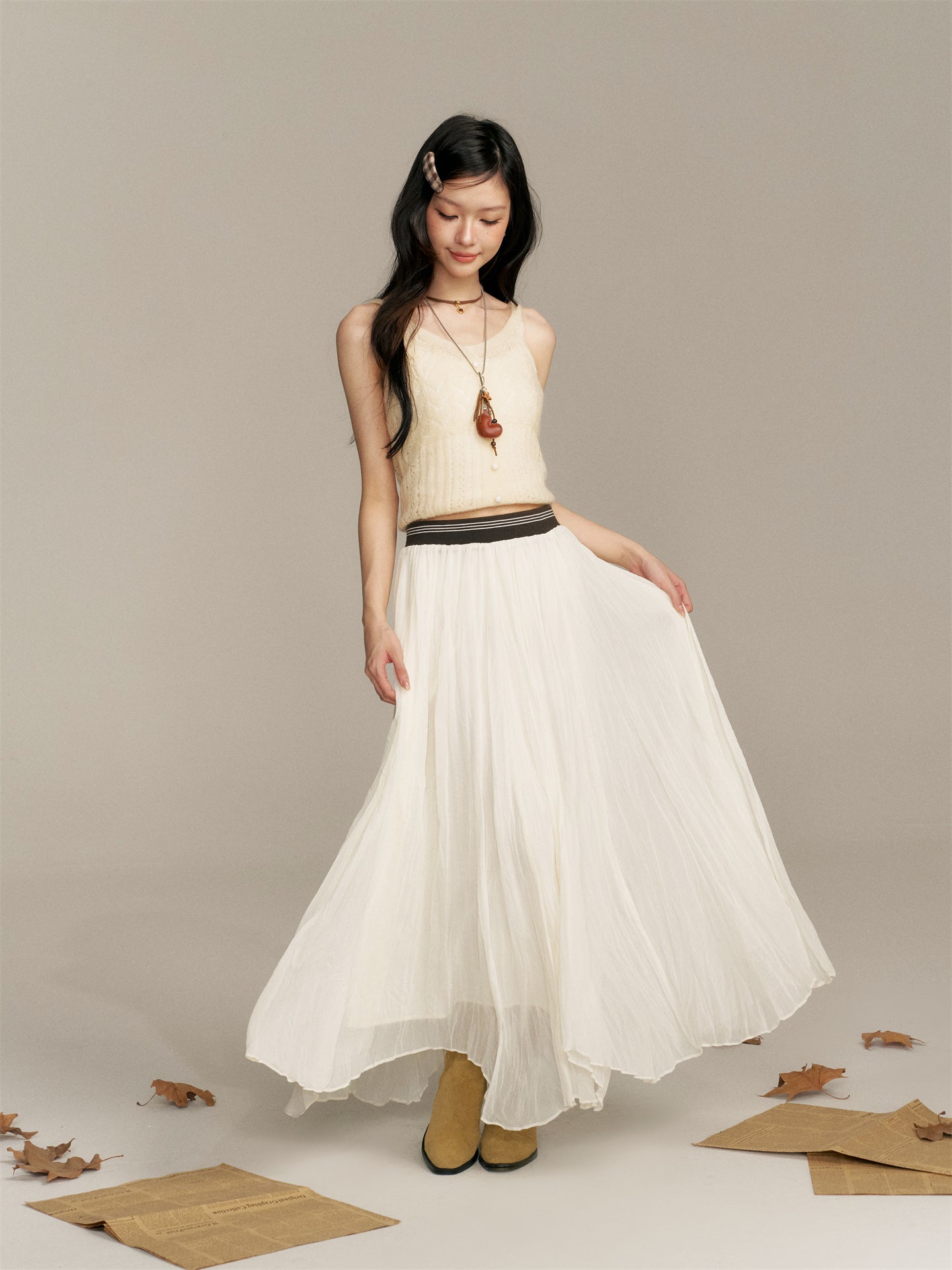16DEWS 16D25349 Color blocking elastic waistband irregular long skirt