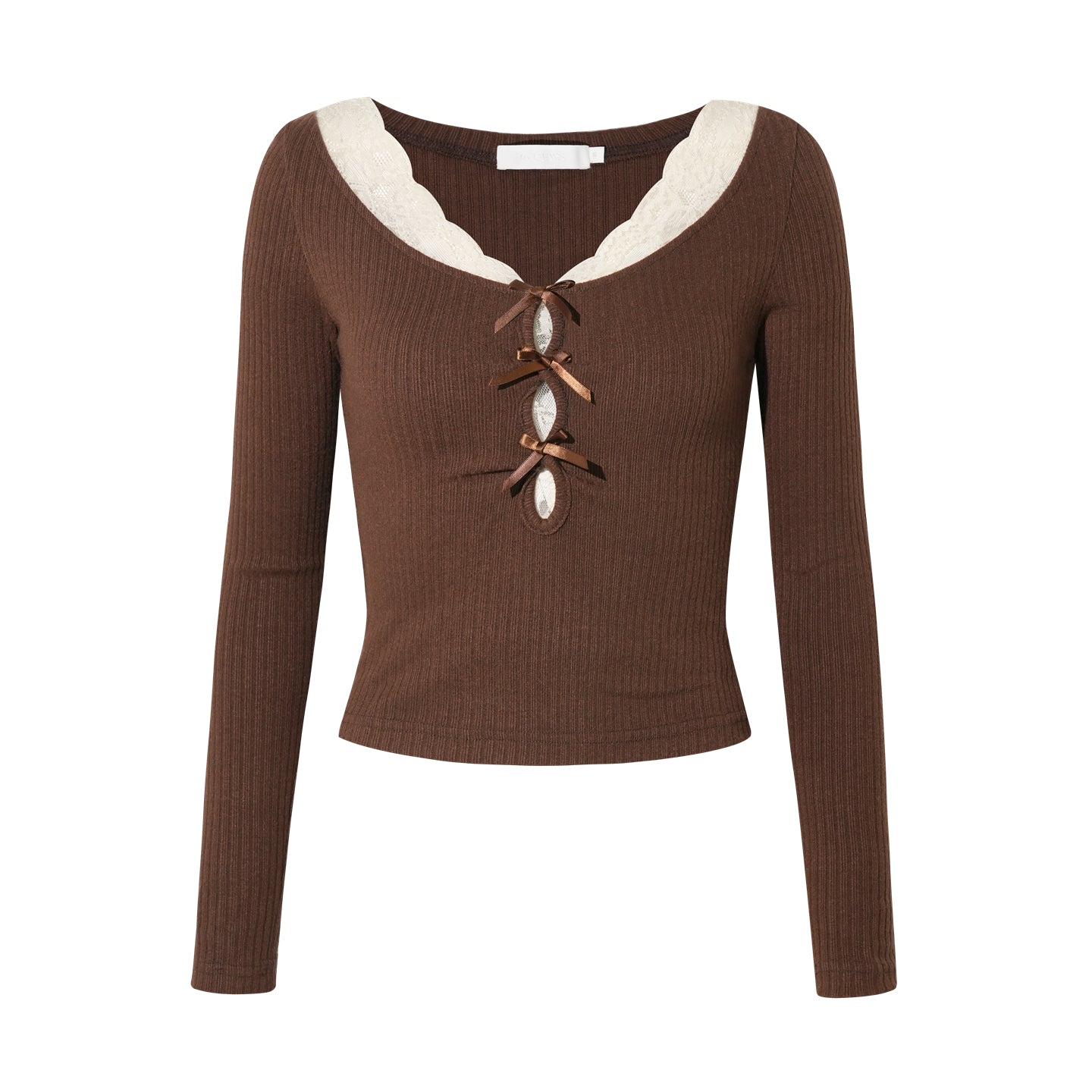 16DEWS 16D25351 Color blocked lace patchwork V-neck knitted top