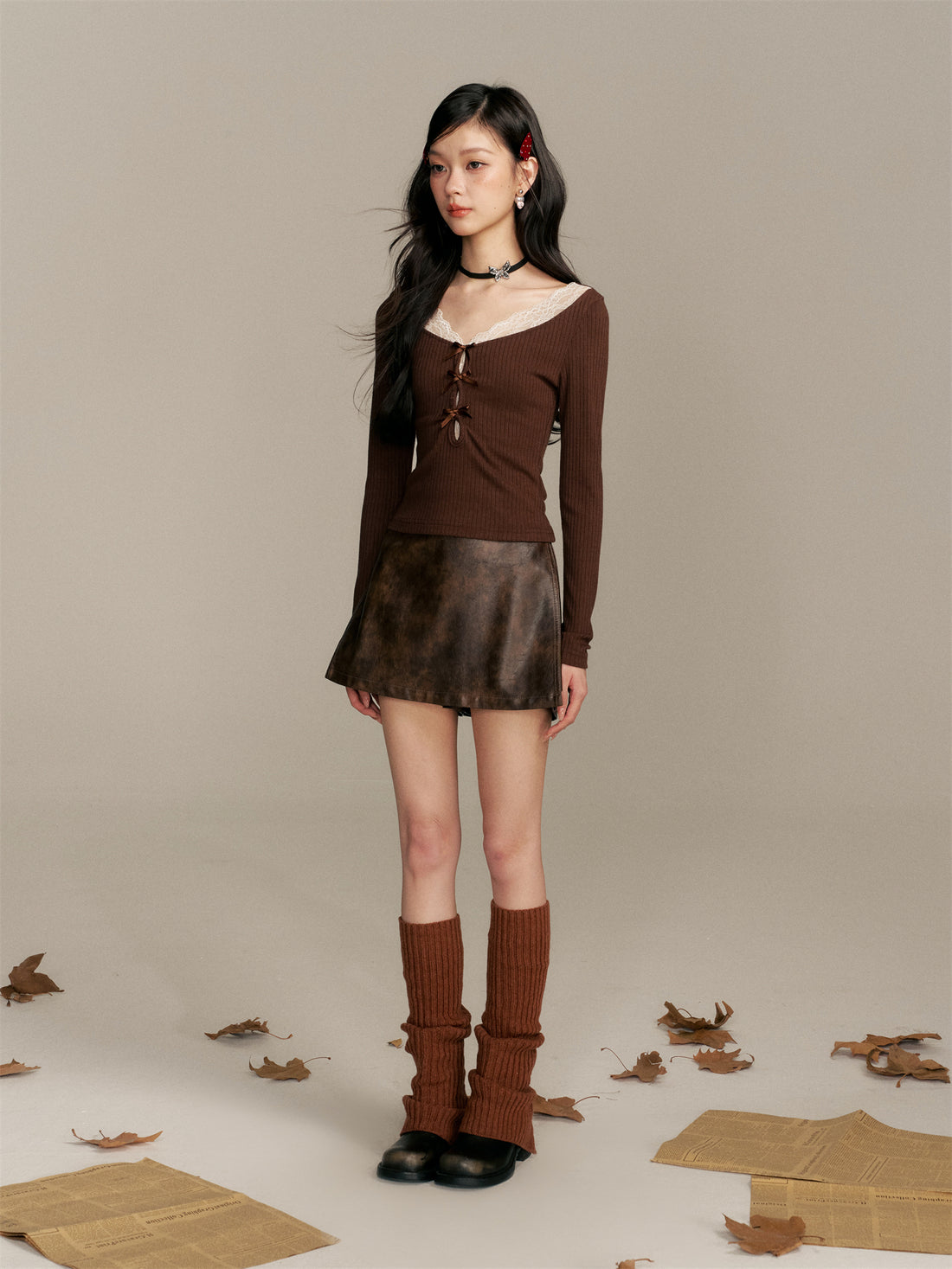 16DEWS 16D25351 Color blocked lace patchwork V-neck knitted top