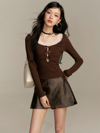 16DEWS 16D25351 Color blocked lace patchwork V-neck knitted top