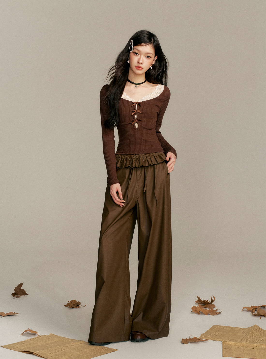 16DEWS 16D25353 Tie up bow elastic waist wide leg leather pants
