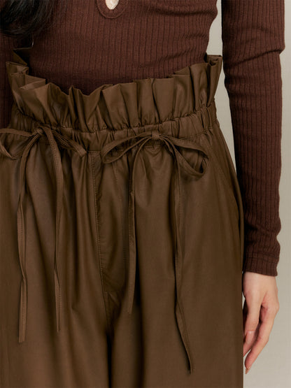 16DEWS 16D25353 Tie up bow elastic waist wide leg leather pants