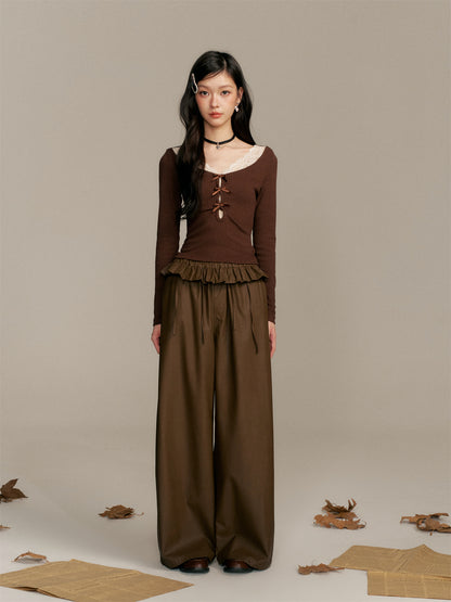 16DEWS 16D25353 Tie up bow elastic waist wide leg leather pants