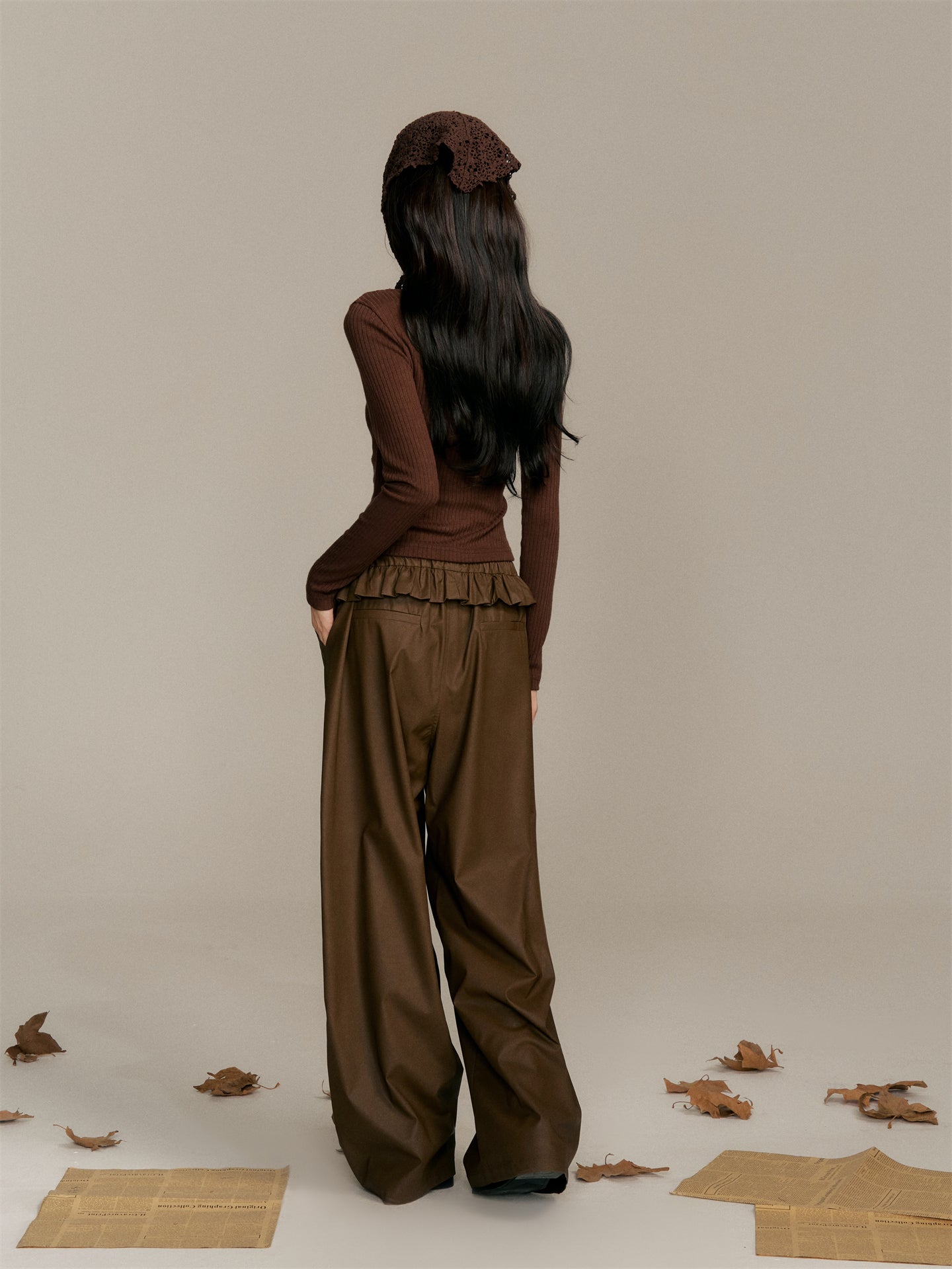 16DEWS 16D25353 Tie up bow elastic waist wide leg leather pants