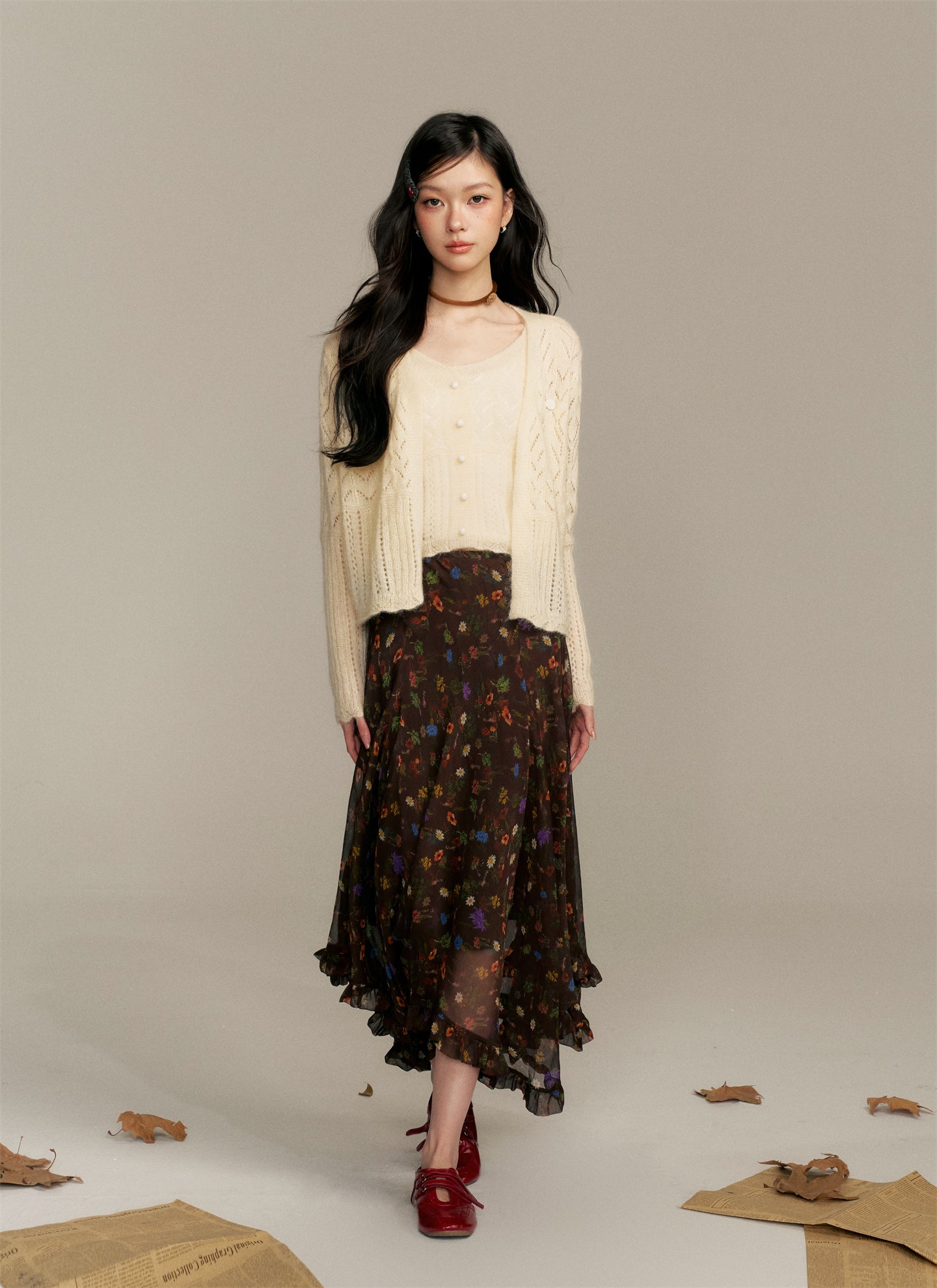 16DEWS 16D25355 Irregular pleated floral skirt