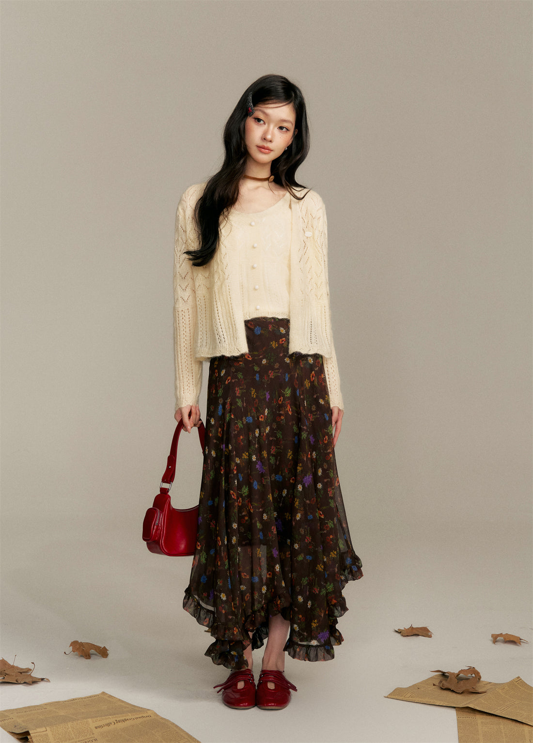 16DEWS 16D25355 Irregular pleated floral skirt