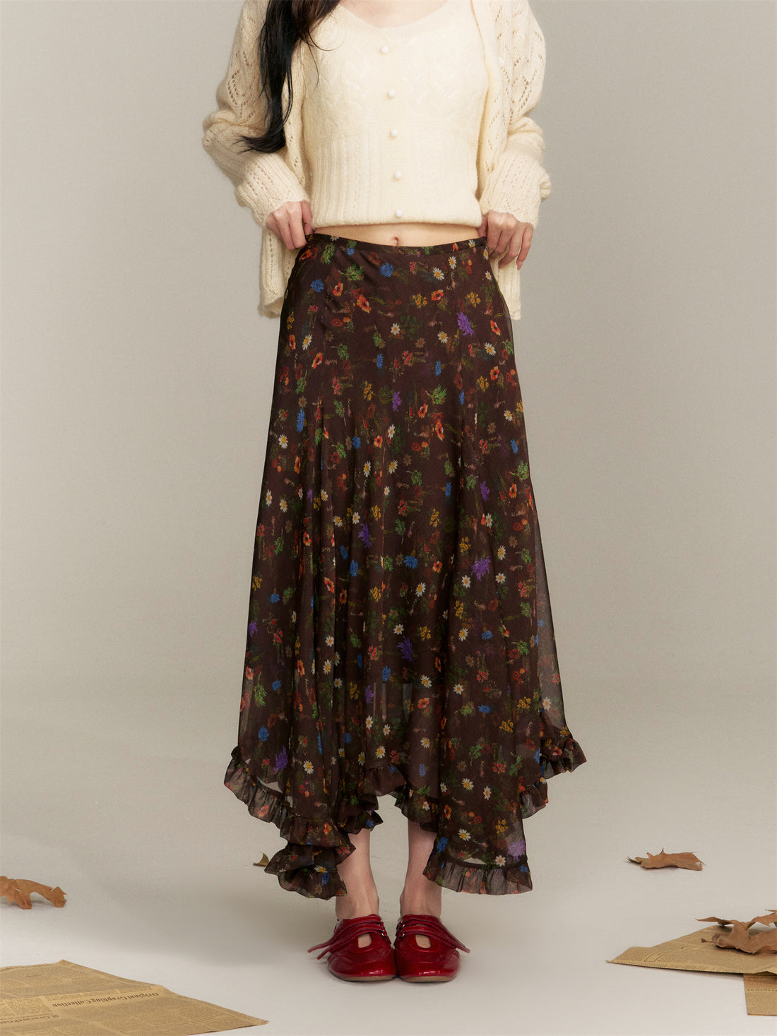 16DEWS 16D25355 Irregular pleated floral skirt
