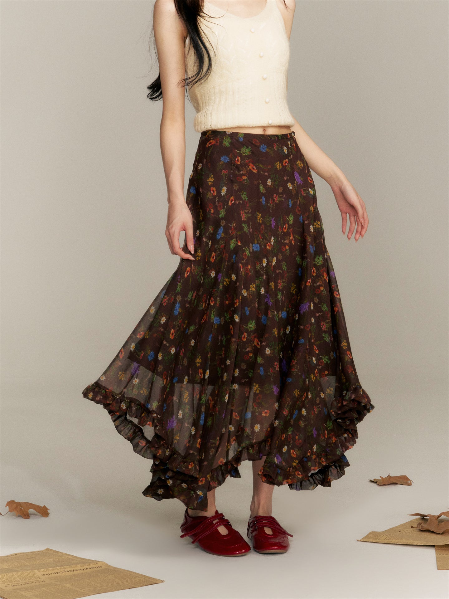 16DEWS 16D25355 Irregular pleated floral skirt