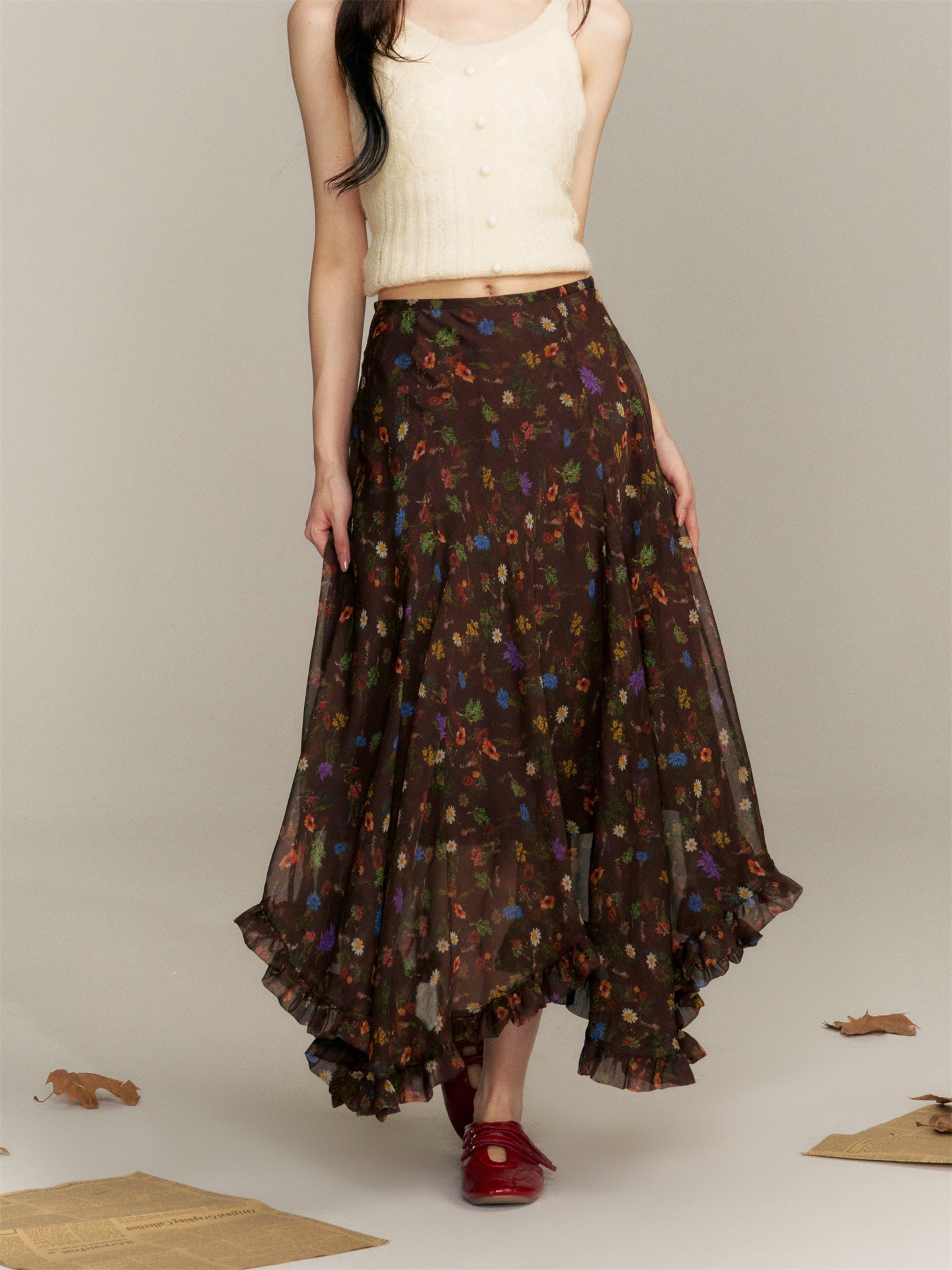 16DEWS 16D25355 Irregular pleated floral skirt