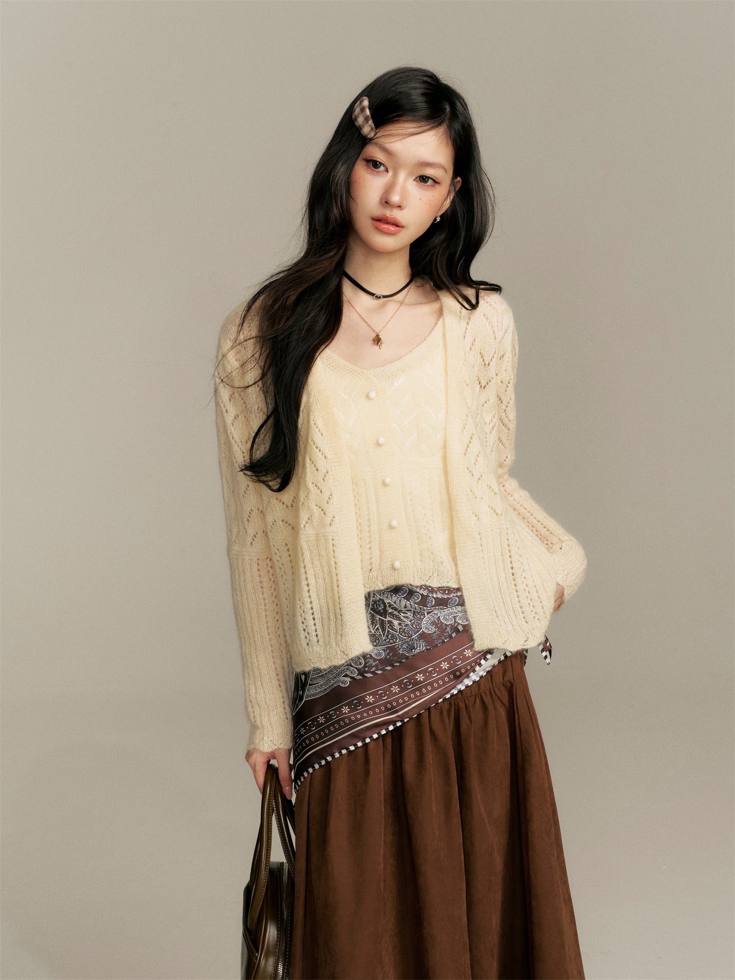 16DEWS 16D25358 High waisted A-line half length skirt (with silk scarf)