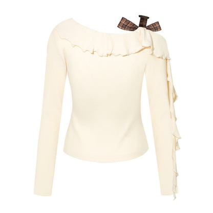 16DEWS 16D25359 Ruffled sloping shoulder slim fit top