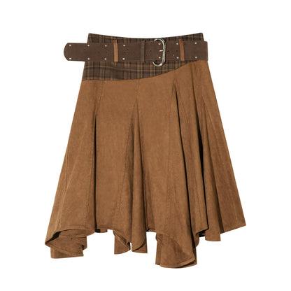 16DEWS 16D25360 Color blocking patchwork plaid irregular skirt (with belt)