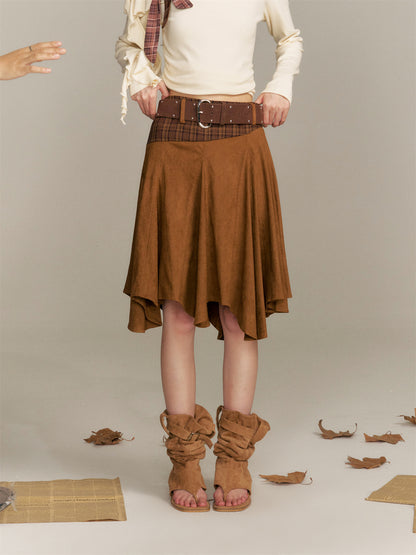 16DEWS 16D25360 Color blocking patchwork plaid irregular skirt (with belt)