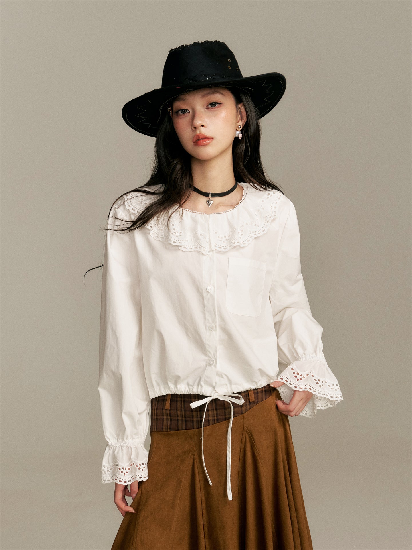 16DEWS 16D25361 Doll collar long sleeved white shirt