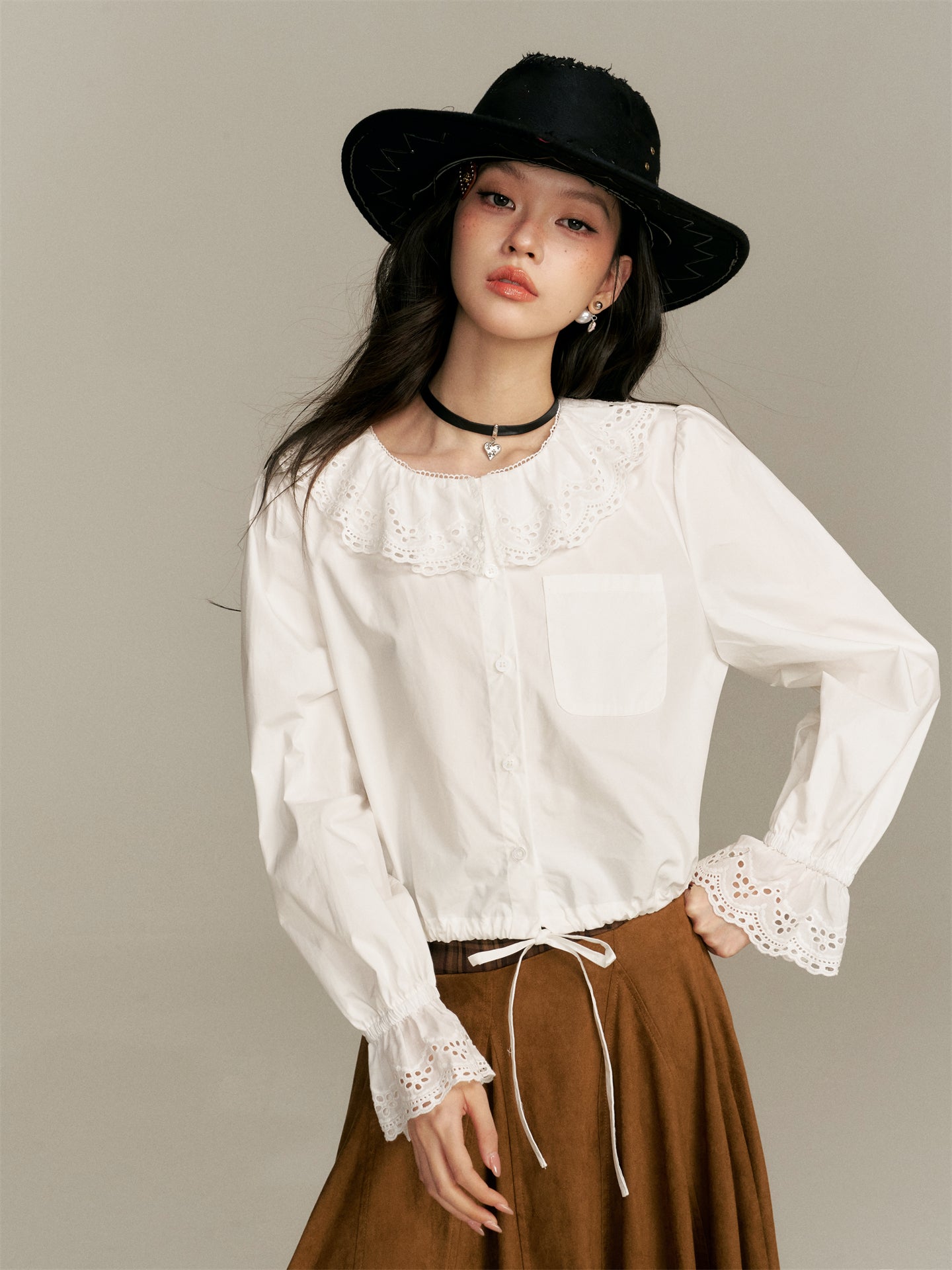 16DEWS 16D25361 Doll collar long sleeved white shirt