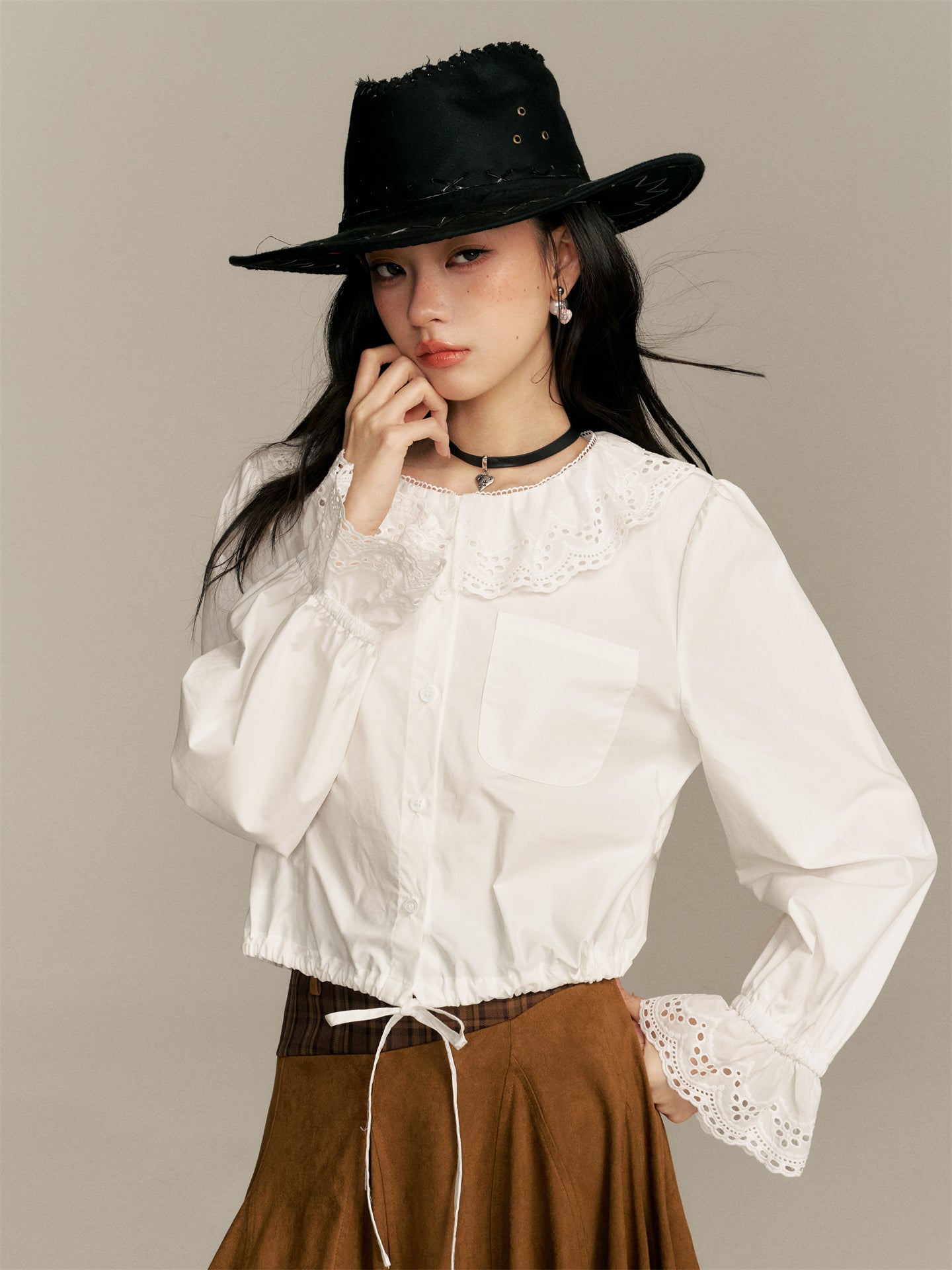16DEWS 16D25361 Doll collar long sleeved white shirt